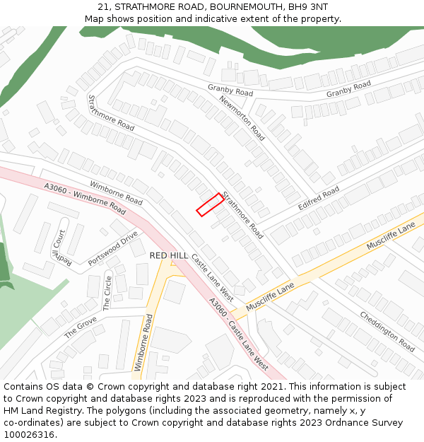 21, STRATHMORE ROAD, BOURNEMOUTH, BH9 3NT: Location map and indicative extent of plot