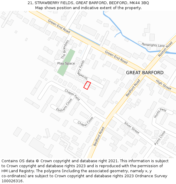 21, STRAWBERRY FIELDS, GREAT BARFORD, BEDFORD, MK44 3BQ: Location map and indicative extent of plot