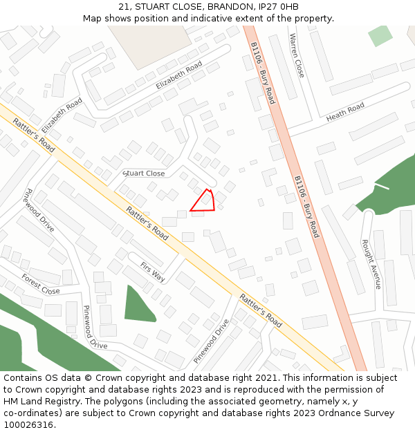 21, STUART CLOSE, BRANDON, IP27 0HB: Location map and indicative extent of plot