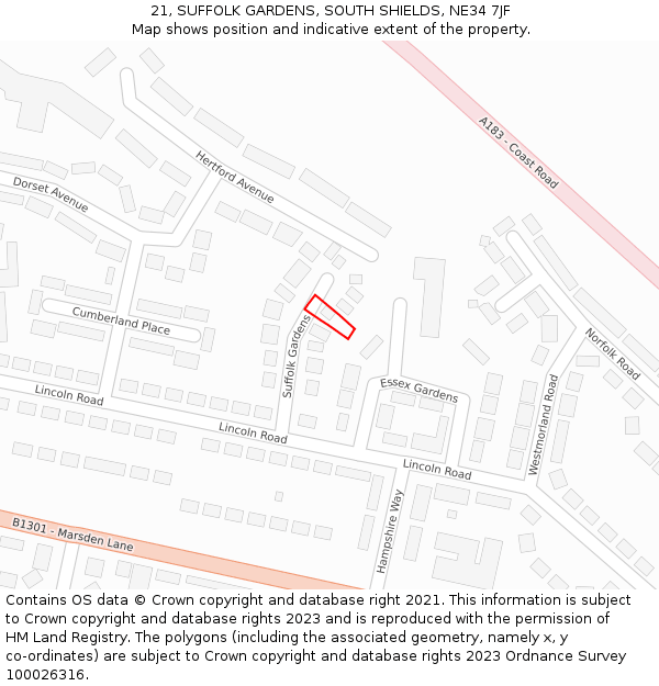 21, SUFFOLK GARDENS, SOUTH SHIELDS, NE34 7JF: Location map and indicative extent of plot