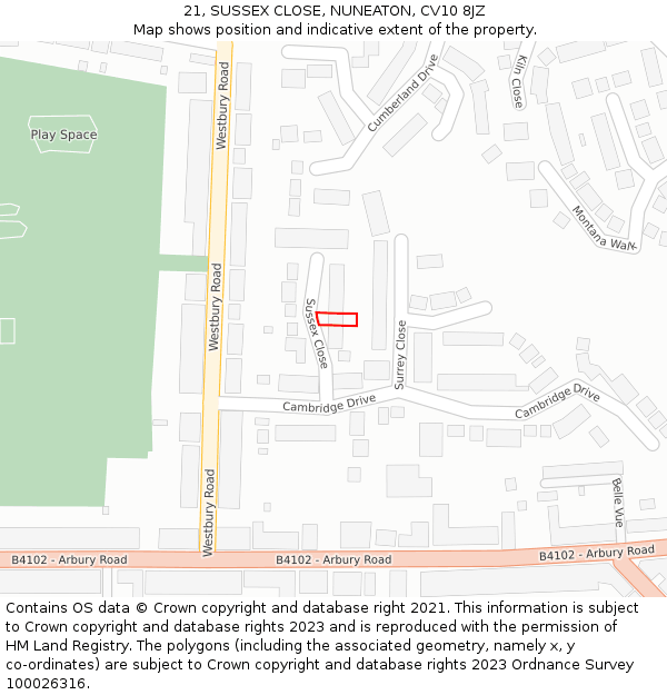 21, SUSSEX CLOSE, NUNEATON, CV10 8JZ: Location map and indicative extent of plot