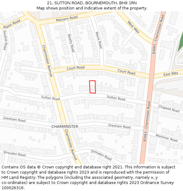 21, SUTTON ROAD, BOURNEMOUTH, BH9 1RN: Location map and indicative extent of plot