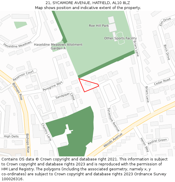 21, SYCAMORE AVENUE, HATFIELD, AL10 8LZ: Location map and indicative extent of plot