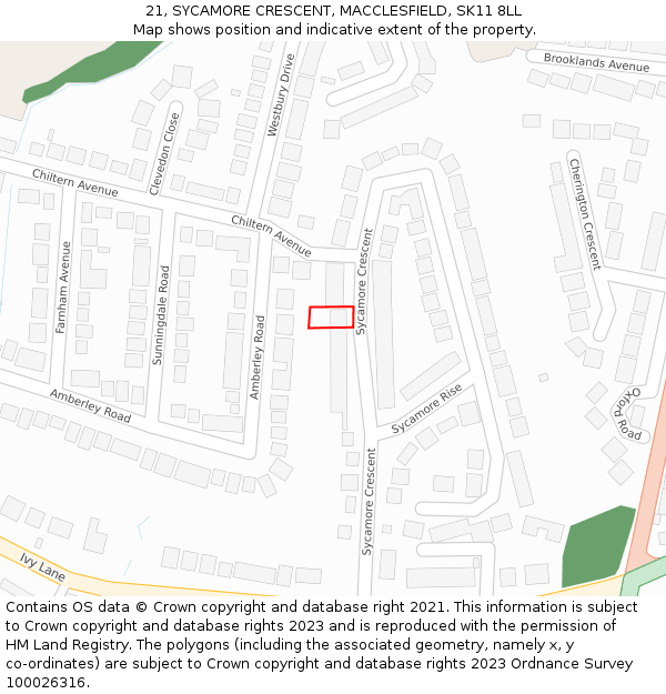 21, SYCAMORE CRESCENT, MACCLESFIELD, SK11 8LL: Location map and indicative extent of plot