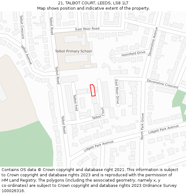 21, TALBOT COURT, LEEDS, LS8 1LT: Location map and indicative extent of plot