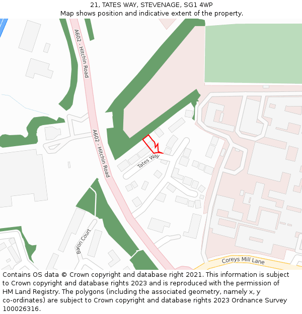 21, TATES WAY, STEVENAGE, SG1 4WP: Location map and indicative extent of plot