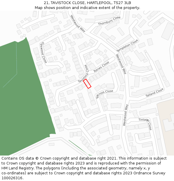 21, TAVISTOCK CLOSE, HARTLEPOOL, TS27 3LB: Location map and indicative extent of plot