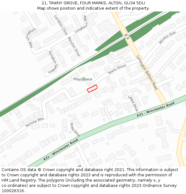 21, TAWNY GROVE, FOUR MARKS, ALTON, GU34 5DU: Location map and indicative extent of plot
