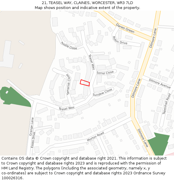 21, TEASEL WAY, CLAINES, WORCESTER, WR3 7LD: Location map and indicative extent of plot