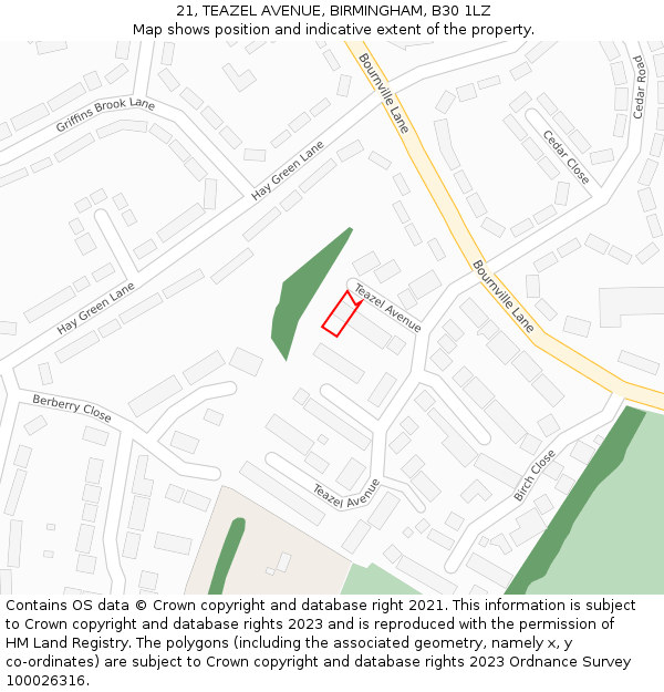 21, TEAZEL AVENUE, BIRMINGHAM, B30 1LZ: Location map and indicative extent of plot