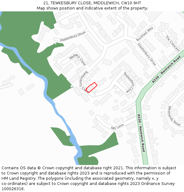 21, TEWKESBURY CLOSE, MIDDLEWICH, CW10 9HT: Location map and indicative extent of plot