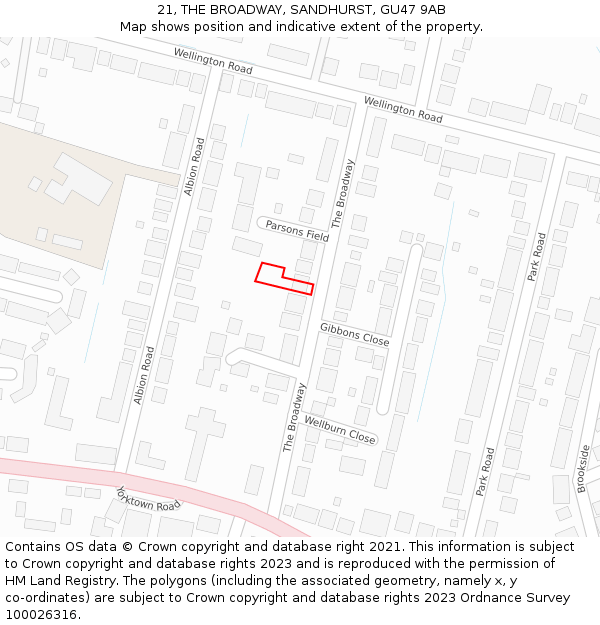 21, THE BROADWAY, SANDHURST, GU47 9AB: Location map and indicative extent of plot