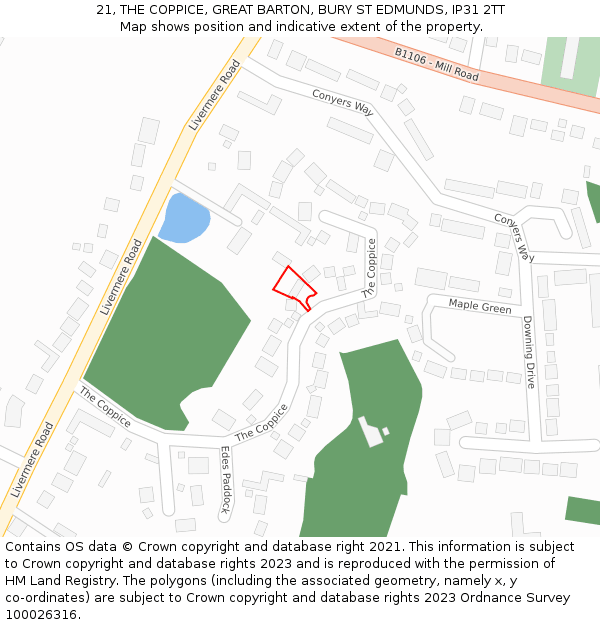 21, THE COPPICE, GREAT BARTON, BURY ST EDMUNDS, IP31 2TT: Location map and indicative extent of plot