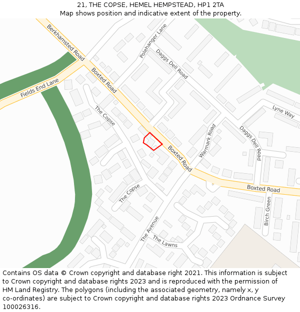 21, THE COPSE, HEMEL HEMPSTEAD, HP1 2TA: Location map and indicative extent of plot