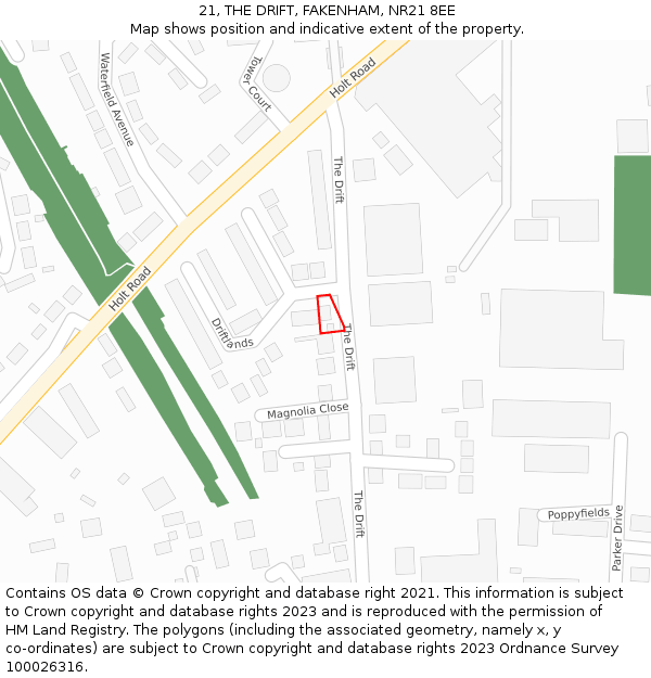 21, THE DRIFT, FAKENHAM, NR21 8EE: Location map and indicative extent of plot