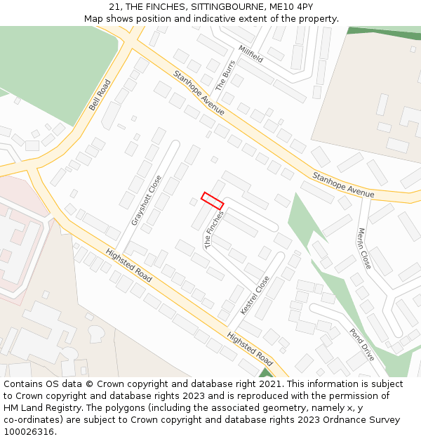 21, THE FINCHES, SITTINGBOURNE, ME10 4PY: Location map and indicative extent of plot