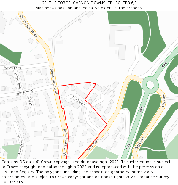 21, THE FORGE, CARNON DOWNS, TRURO, TR3 6JP: Location map and indicative extent of plot