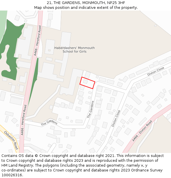21, THE GARDENS, MONMOUTH, NP25 3HF: Location map and indicative extent of plot