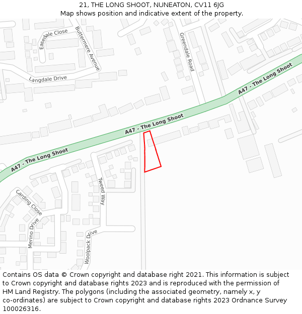 21, THE LONG SHOOT, NUNEATON, CV11 6JG: Location map and indicative extent of plot