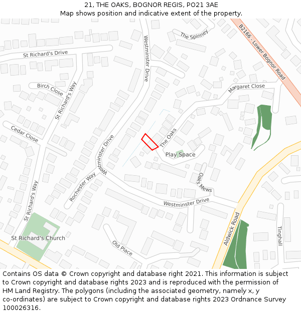 21, THE OAKS, BOGNOR REGIS, PO21 3AE: Location map and indicative extent of plot