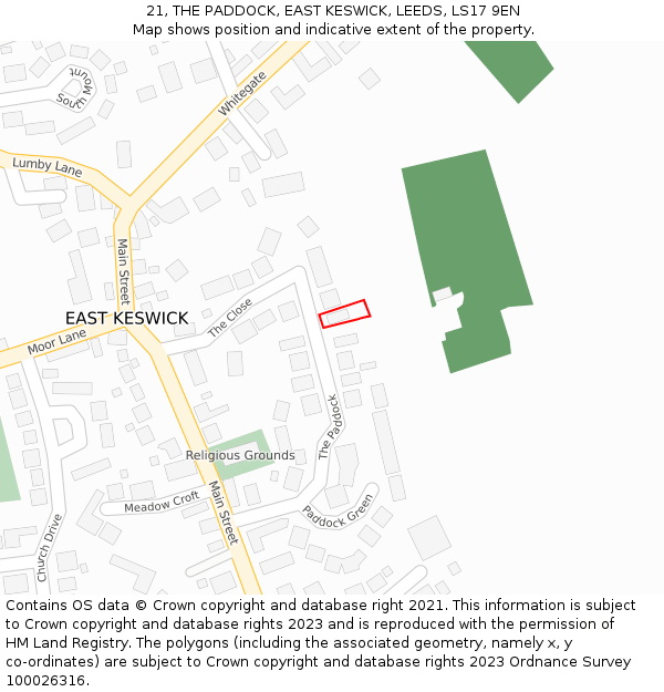 21, THE PADDOCK, EAST KESWICK, LEEDS, LS17 9EN: Location map and indicative extent of plot