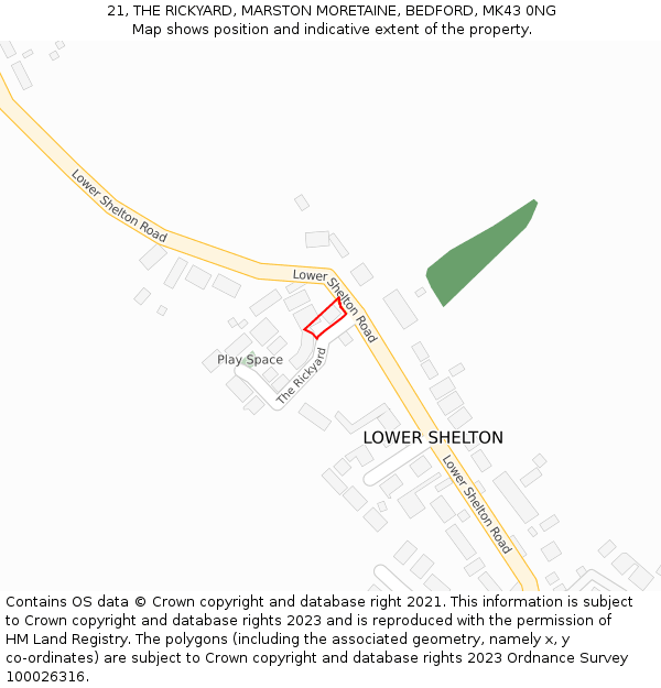 21, THE RICKYARD, MARSTON MORETAINE, BEDFORD, MK43 0NG: Location map and indicative extent of plot