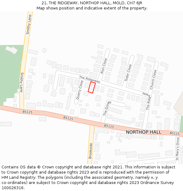 21, THE RIDGEWAY, NORTHOP HALL, MOLD, CH7 6JR: Location map and indicative extent of plot