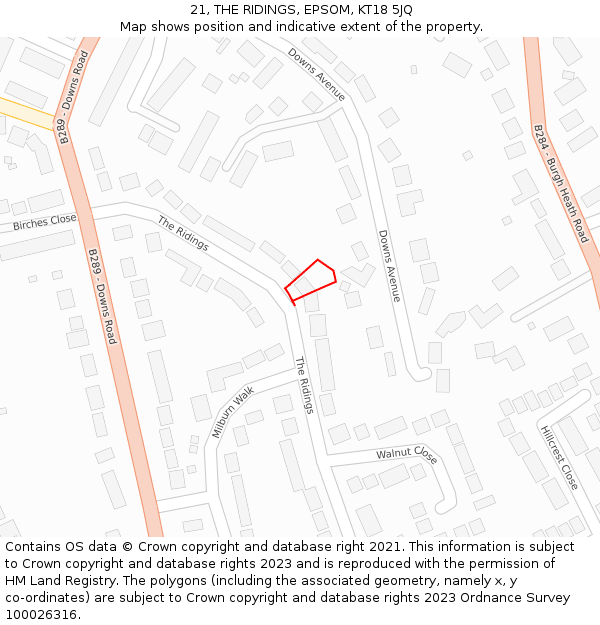 21, THE RIDINGS, EPSOM, KT18 5JQ: Location map and indicative extent of plot