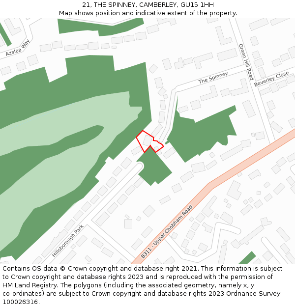 21, THE SPINNEY, CAMBERLEY, GU15 1HH: Location map and indicative extent of plot