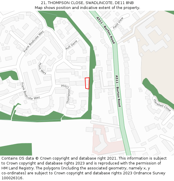 21, THOMPSON CLOSE, SWADLINCOTE, DE11 8NB: Location map and indicative extent of plot