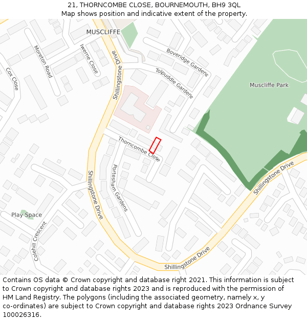 21, THORNCOMBE CLOSE, BOURNEMOUTH, BH9 3QL: Location map and indicative extent of plot