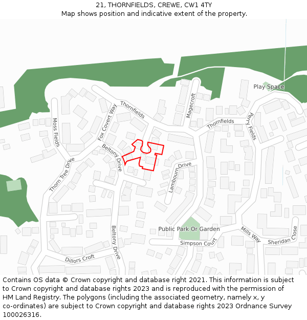 21, THORNFIELDS, CREWE, CW1 4TY: Location map and indicative extent of plot