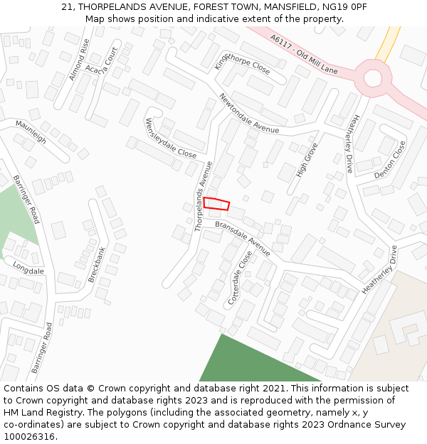 21, THORPELANDS AVENUE, FOREST TOWN, MANSFIELD, NG19 0PF: Location map and indicative extent of plot