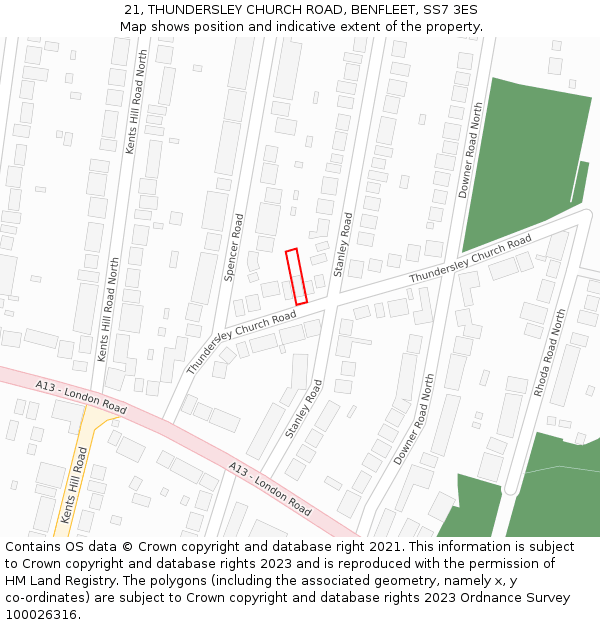 21, THUNDERSLEY CHURCH ROAD, BENFLEET, SS7 3ES: Location map and indicative extent of plot