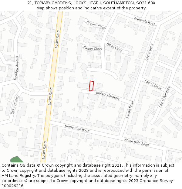 21, TOPIARY GARDENS, LOCKS HEATH, SOUTHAMPTON, SO31 6RX: Location map and indicative extent of plot