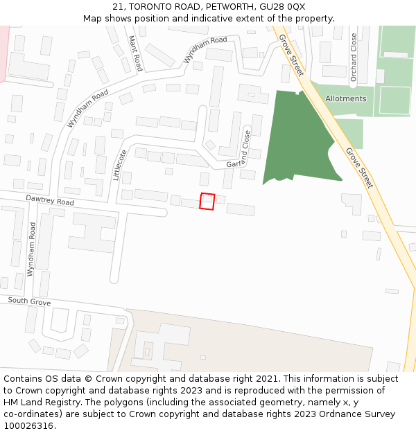 21, TORONTO ROAD, PETWORTH, GU28 0QX: Location map and indicative extent of plot