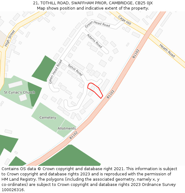 21, TOTHILL ROAD, SWAFFHAM PRIOR, CAMBRIDGE, CB25 0JX: Location map and indicative extent of plot