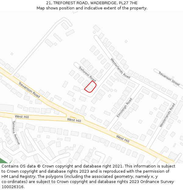 21, TREFOREST ROAD, WADEBRIDGE, PL27 7HE: Location map and indicative extent of plot