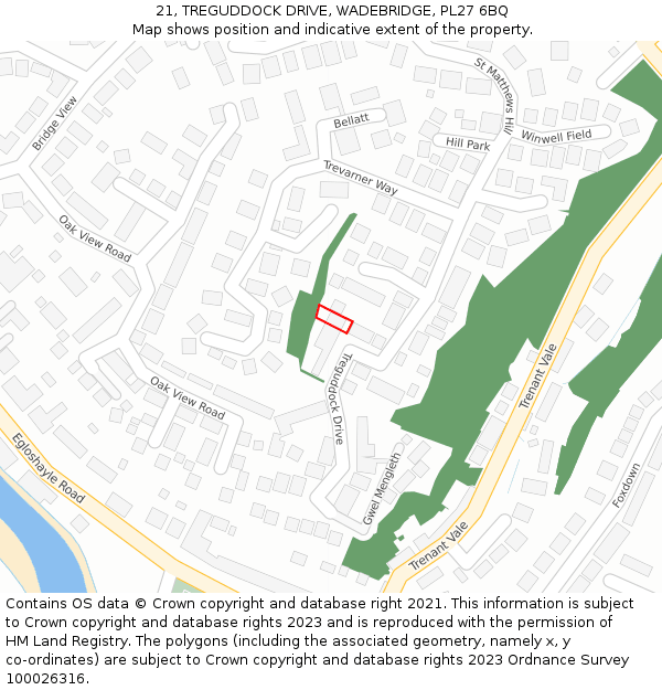 21, TREGUDDOCK DRIVE, WADEBRIDGE, PL27 6BQ: Location map and indicative extent of plot
