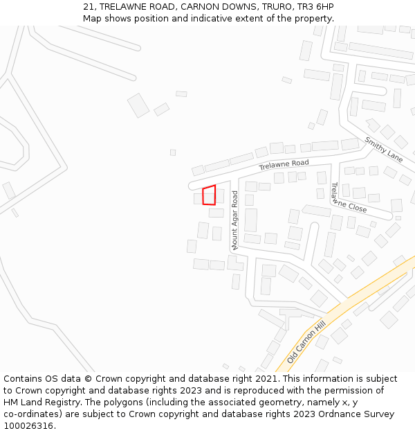 21, TRELAWNE ROAD, CARNON DOWNS, TRURO, TR3 6HP: Location map and indicative extent of plot