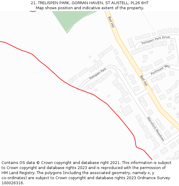 21, TRELISPEN PARK, GORRAN HAVEN, ST AUSTELL, PL26 6HT: Location map and indicative extent of plot