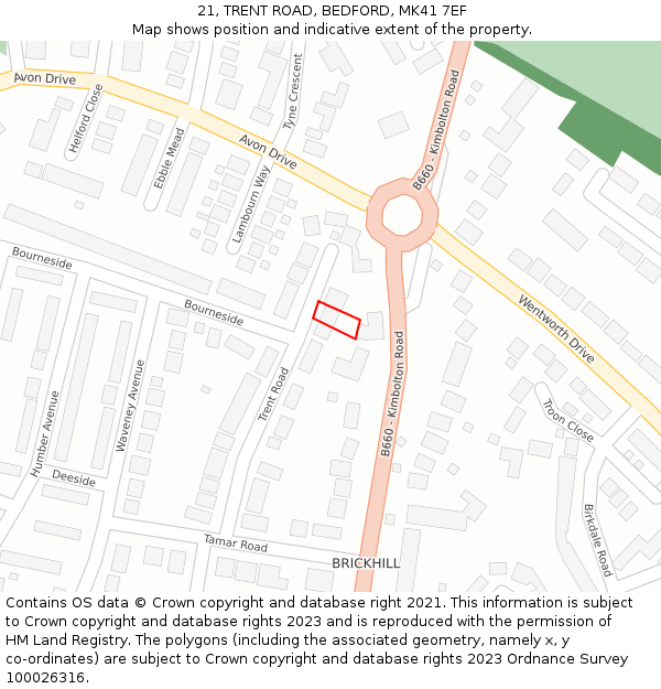 21, TRENT ROAD, BEDFORD, MK41 7EF: Location map and indicative extent of plot