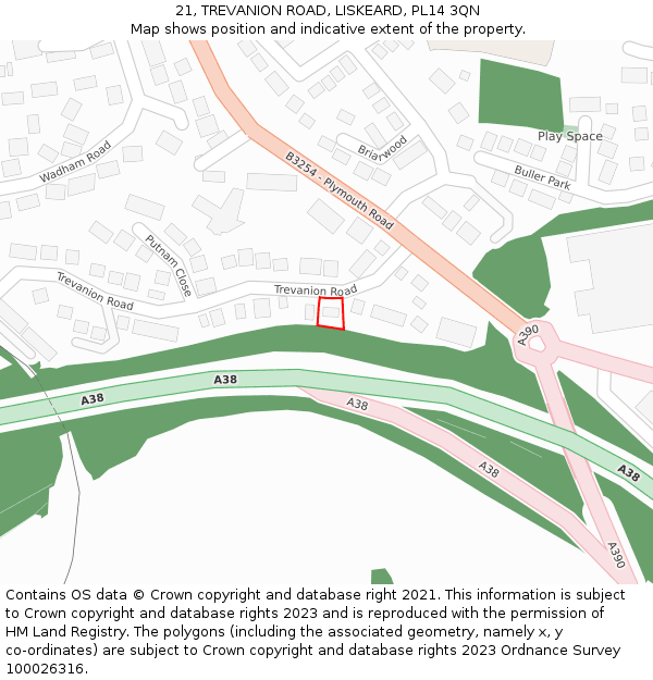 21, TREVANION ROAD, LISKEARD, PL14 3QN: Location map and indicative extent of plot