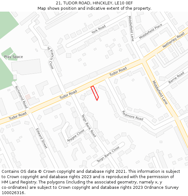 21, TUDOR ROAD, HINCKLEY, LE10 0EF: Location map and indicative extent of plot