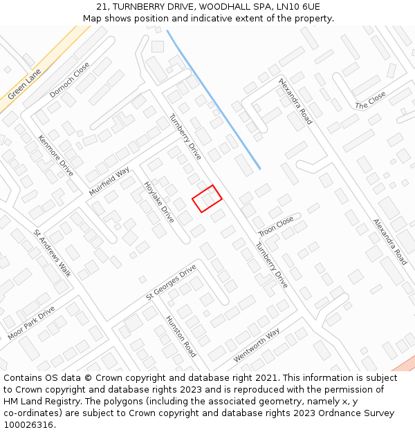 21, TURNBERRY DRIVE, WOODHALL SPA, LN10 6UE: Location map and indicative extent of plot