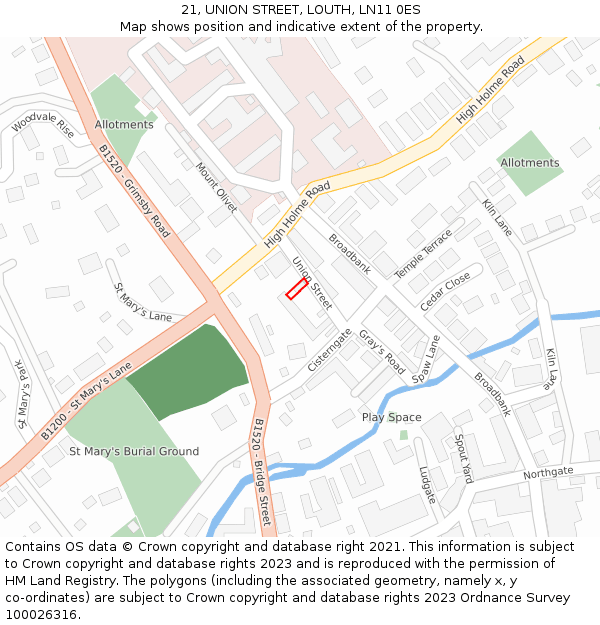 21, UNION STREET, LOUTH, LN11 0ES: Location map and indicative extent of plot