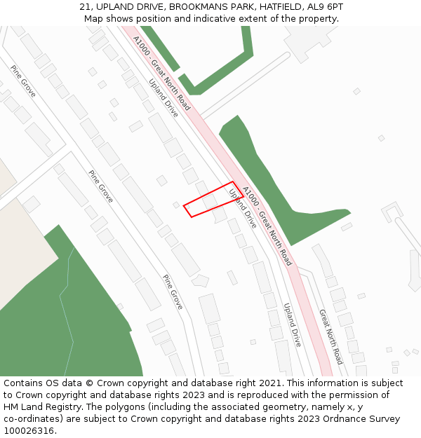21, UPLAND DRIVE, BROOKMANS PARK, HATFIELD, AL9 6PT: Location map and indicative extent of plot