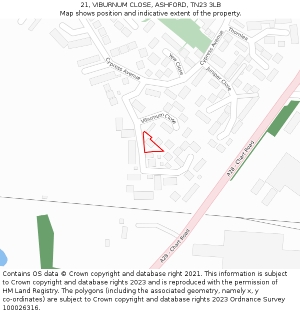 21, VIBURNUM CLOSE, ASHFORD, TN23 3LB: Location map and indicative extent of plot