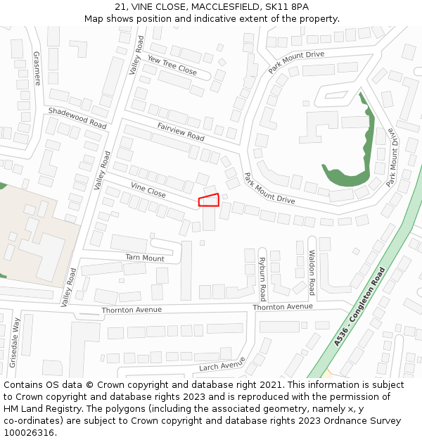 21, VINE CLOSE, MACCLESFIELD, SK11 8PA: Location map and indicative extent of plot