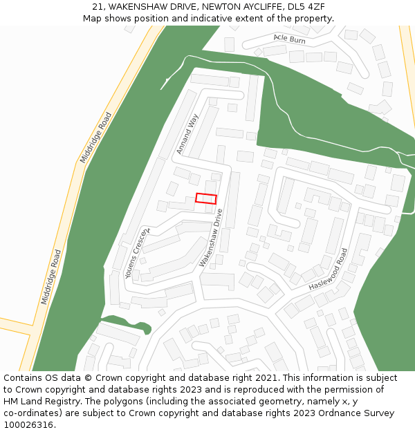 21, WAKENSHAW DRIVE, NEWTON AYCLIFFE, DL5 4ZF: Location map and indicative extent of plot